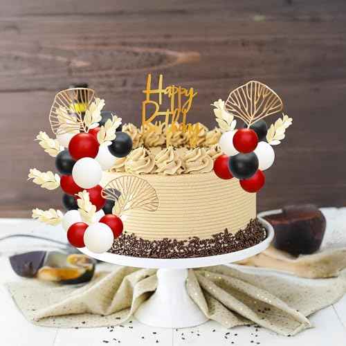 57Pcs Balls Cake Topper Boho Grass Cake topper Pearl Balls Acrylic Happy Birthday Cake Decorations for Wedding Baby Shower Birthday Boho Themed Party Supplies Black Red White (57 Count)
