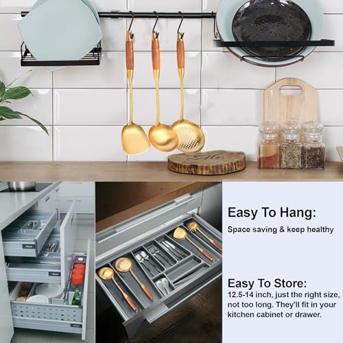 Gold Kitchen Utensils Set Stainless Steel 9 PCS with Wooden Handle (9 Count)