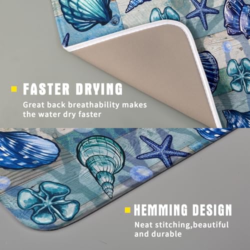 Starfish Seashell Dish Drying Mat 16x18 inch Coastal Beach Dish Drainer Rack Pad Absorbent Microfiber Fast Dry Kitchen Counter Accessories