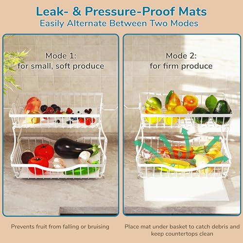 Large 2 Tier Fruit Basket for Kitchen Counter with 2 Banana Hangers (2 Count)