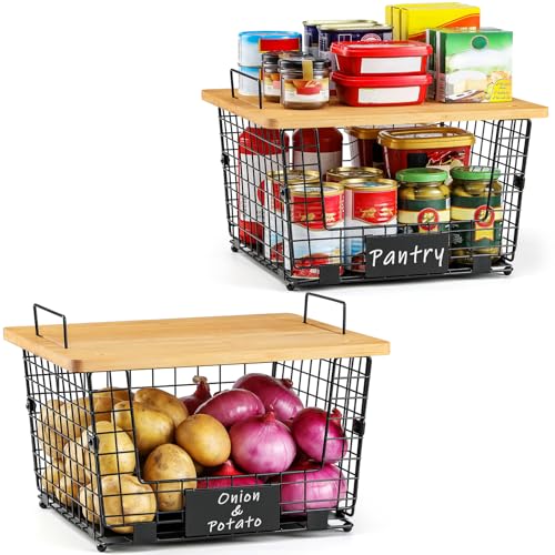 2 Set XXL Stackable Wire Basket with Bamboo Tops & Tag (2 Count)