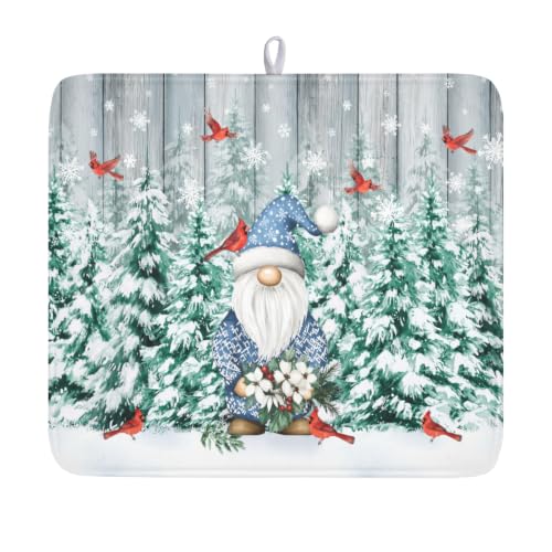 Winter Gnome Dish Drying Mat Pine Tree Dishes Pad 16"x18" Microfiber Absorbent Fast Dry Drainer Rack Mats Protector for Kitchen Countertop