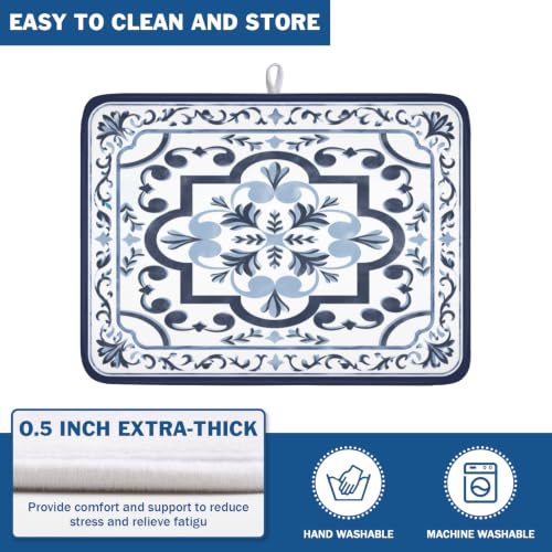 Navy Flower Dish Drying Mat Modern Boho Microfiber Dishes Drainer Pad 18x24 Inch Absorbent Fast Dry Dish Rack Mat for Kitchen Counter Sink