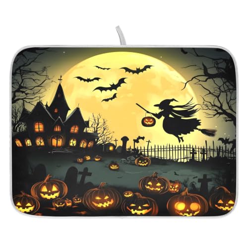 Halloween Night Pumpkins Witch Dish Drying Mat for Kitchen Counter Absorbent Microfiber Large Drying Pad Dish mats for Kitchen Countertops 18 x 24 Inch