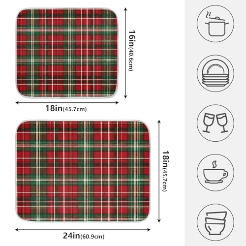 Christmas Red Green Buffalo Checkered Dish Drying Mat for Kitchen Counter Absorbent Microfiber Small Drying Pad Dish Mats for Kitchen Countertops 16 x 18 Inch
