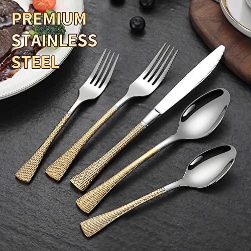 Hammered Silver Gold Silverware Set (30 Count)