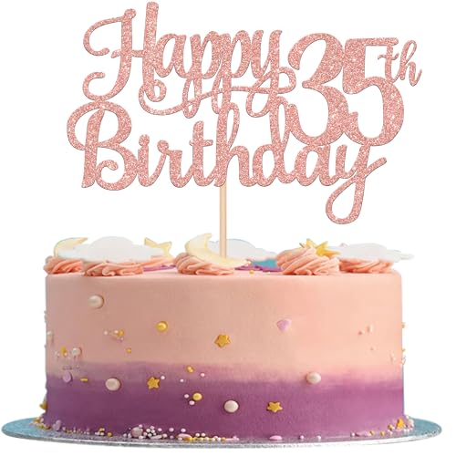 1 PCS Happy 35th Birthday Cake Topper Glitter Cheers to 35 Years Birthday Cake Pick 35 Fabulous Cake Decoration for Happy 35th Birthday Theme Party Decorations Supplies Rose Gold