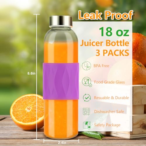 18 oz Glass Juice Bottles with Stainless Steel Lid Leak Proof 3 Pack (3 Count)