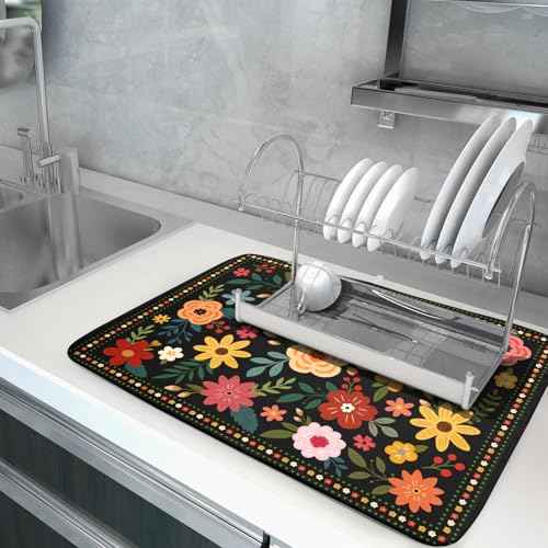 Boho Floral Dish Drying Mat 18x24 Inch Colorful Flower Dishes Dry Mats Absorbent Washable Drainer Rack Pad Protective Kitchen Counter Decor