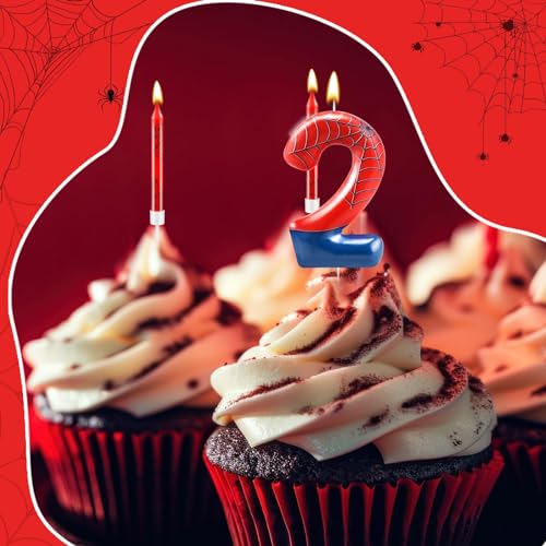 13 Pcs Spider Themed Birthday Candle Set Red Spider Theme Number 2 Candle Cake Topper for Boys Girls Birthday Decoration Spider Party Decoration Supplies (13 Count)