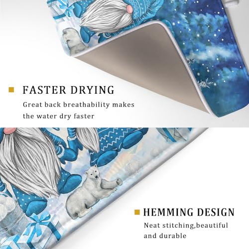 Winter Blue Gnome Dish Drying Mat for Kitchen Counter Pine Tree Microfiber Dish Pad Absorbent Reversible Fast Dry Draining Mats 18x24 Inch