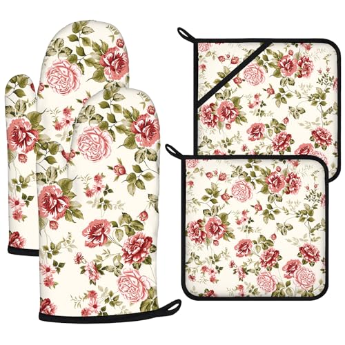 Red Rose Oven Mitts and Pot Holders Sets 4Pcs