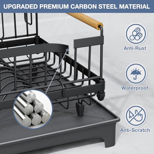 Dish Rack for Kitchen Counter with Drainboard Dish Drying Rack Rustproof Carbon Steel