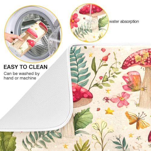 Mushroom Forest Fern Leaves Dish Drying Mat for Kitchen Counter Absorbent Microfiber Drying Pad