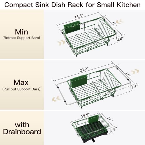 Green Dish Drying Rack in Sink with Drainboard and Utensil Holder