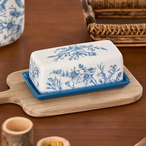 Blue Garden Toile De Jouy Ceramic Butter Dish with Lid
