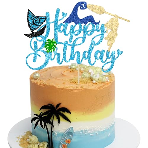1Pcs Summer Cake Topper Glitter Tree Flower Happy Birthday Cake Pick Decoration for Tropical Hawaiian Luau Theme Baby Shower Kids Birthday Party Cake Decorations Supplies Blue