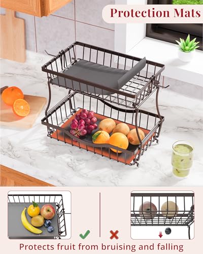 Large 2 Tier Fruit Basket for Kitchen Counter with 2 Banana Hangers (2 Count)