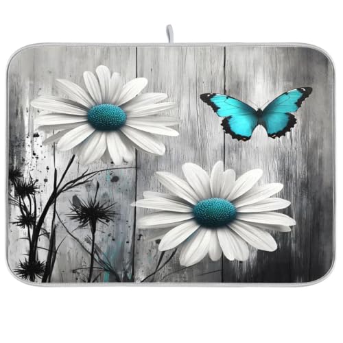 Daisy Flower Teal Butterfly Dish Drying Mat for Kitchen Counter Absorbent Microfiber Drying Pad