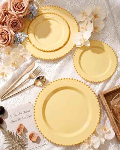 180PCS Yellow Gold Plastic Plates Set for 30 Guests Wedding Party (180 Count)