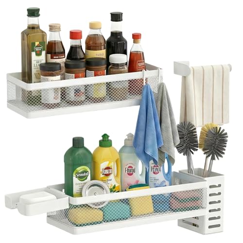 5-in-1 Wide Wall Mount Wrapped Mesh Kitchen Organizer & Shower Caddy Kit, with Paper Towel Holder, Utensil Holder, Soap Dish, Heavy Duty 50LBS - White, Netting