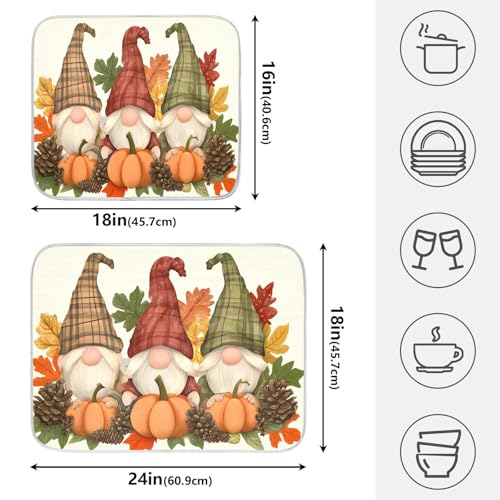 Fall Pumpkin Gnomes Maple Leaves Autumn3 Dish Drying Mat for Kitchen Counter Absorbent Microfiber Small Drying Pad Dish mats for Kitchen Countertops 16 x 18 Inch