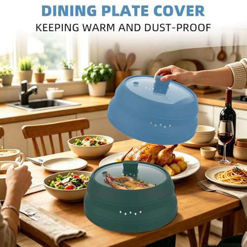 Tall Microwave Splatter Cover Glass Cover Guard Lid 6 inch Height with Collapsible Silicone for Food Pot Plate 12.5 inch Blue