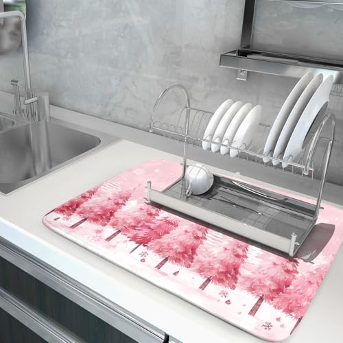 Pink Trees Dish Drying Mats Christmas Snowy Decor Drying Pad Kitchen Countertop Drainer Rack Mat 18 X 24 Inch