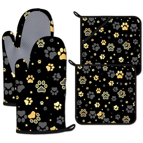 Gold Dog Paw Print Oven Mitts and Pot Holders Sets Heat Resistant 4Pcs Potholders Oven Gloves Hot Pads for Kitchen Baking Cooking Grilling BBQ (4 Count)
