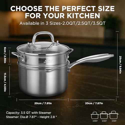 Tri Ply Stainless Steel Sauce Pan with Steamer Basket & Straining Glass Lid