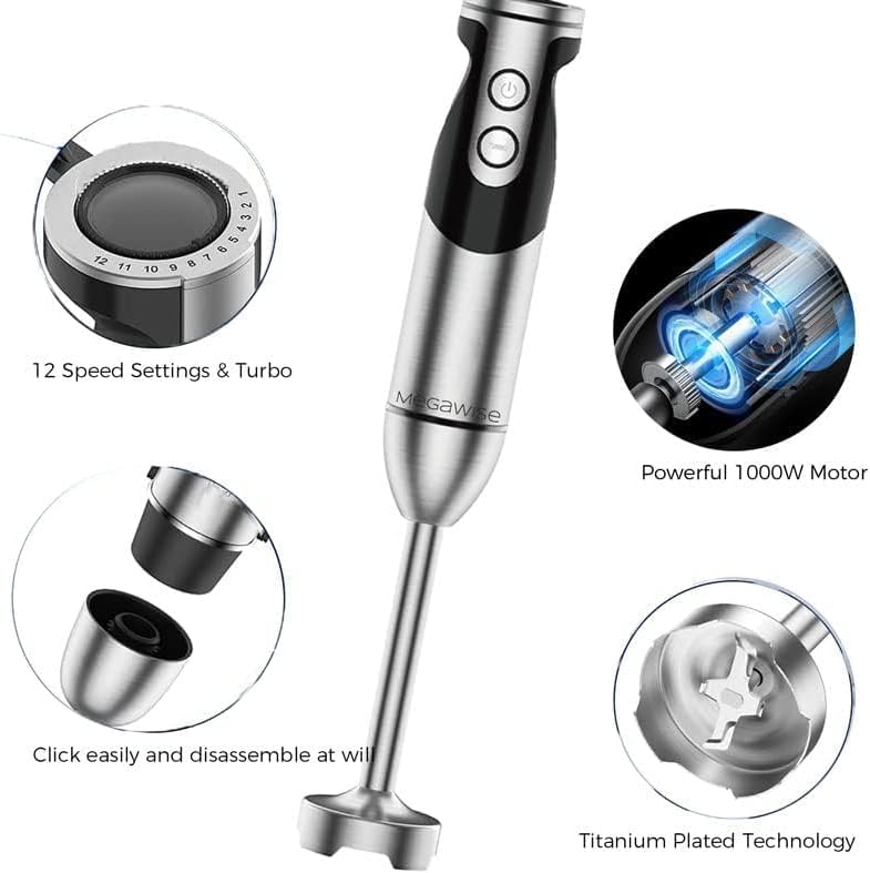 MegaWise Pro Titanium Reinforced 3-in-1 Immersion Hand Blender, Powerful Copper Motor with 80% Sharper Blades, 12-Speed Corded Blender, Including Dish Washer Safe Whisk and Milk Frother - Culinary Roots