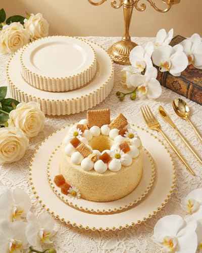 180Pcs Elegant Ivory Gold Plastic Dinnerware Set for Wedding (180 Count)