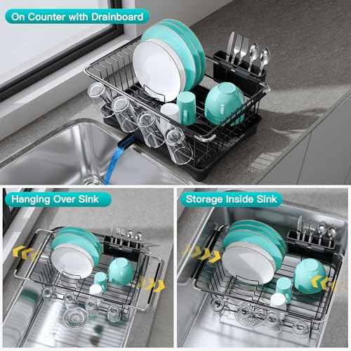 Black Dish Drying Rack in Sink with Drainboard and Utensil Holder