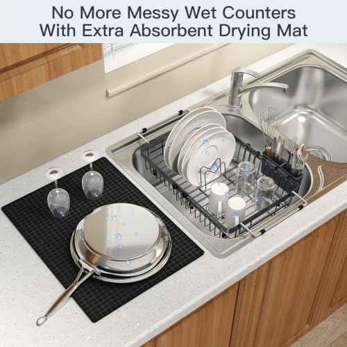 Grey Expandable Dish Drying Rack Over Sink with Extra Drying Mat