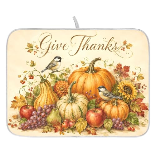 Thanksgiving Dish Drying Mat for Kitchen Counter Absorbent Microfiber Small Drying Pad Fall Autumn Harvest Pumpkin Dish Mats for Kitchen Countertops 16 x 18 Inch