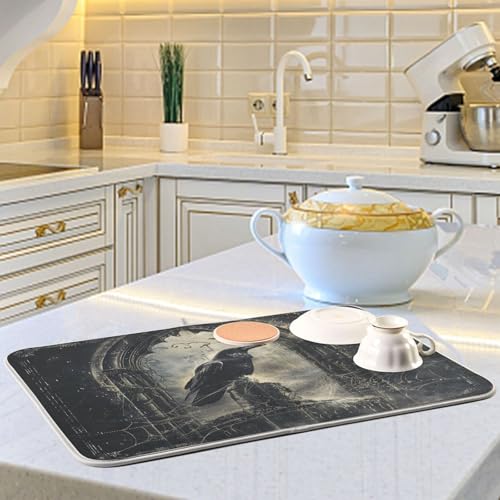 Halloween Crows Dish Drying Mat for Kitchen Counter Absorbent Microfiber Small Drying Pad Dish mats for Kitchen Countertops 16 x 18 Inch