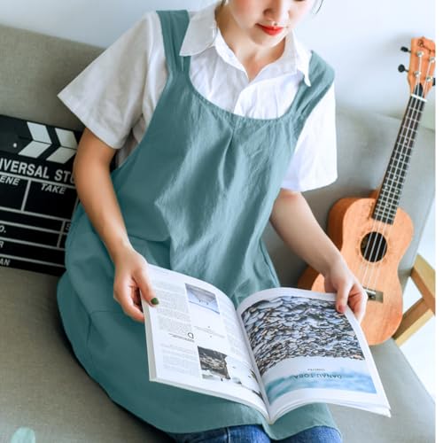 Japanese Cotton Cross Back Kitchen Cooking Aprons for Women with Pockets Cute for Baking Painting Gardening Cleaning Sky Blue
