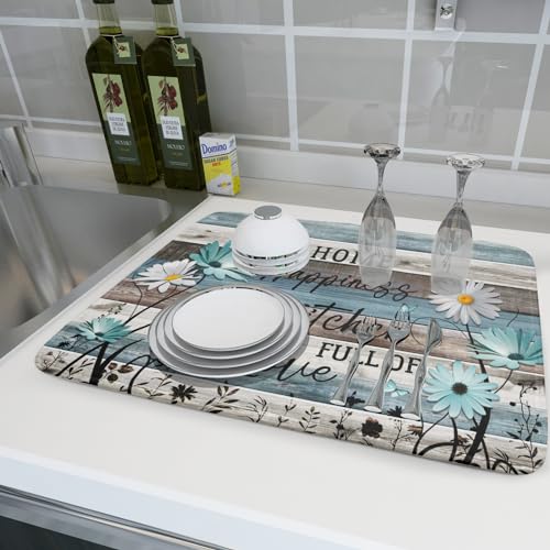 Daisy Floral Dish Drying Mat 18x24 Inches Rustic Wood Microfiber Absorbent Reversible Dish Draining Pad Fast Dry Kitchen Accessories