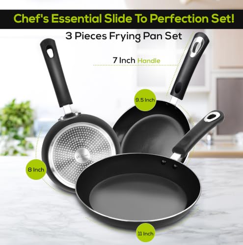 Nonstick Frying Pan Set 3 Piece 8 9.5 11 Inch PFOA Free Grey (3 Count)