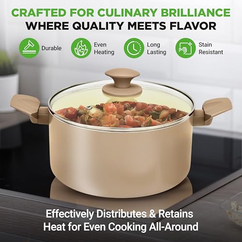 75-Piece Non-Stick Pots and Pans Set, Complete Ceramic Cookware Set with Bakeware, Utensils, Knife Set, & Accessories, Stain-Resistant, Food-Grade Safe, Cream/Brown