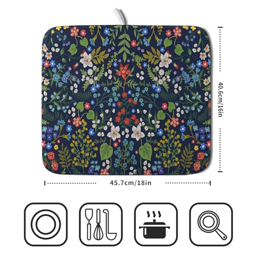 Flower Floral Dish Drying Mat Microfiber Navy Blue Absorbent Drying Pad for Kitchen Counter Small