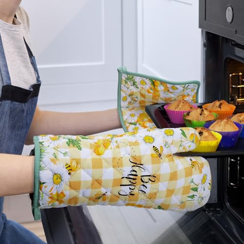 Bee Daisy Oven Mitts and Pot Holders Sets 100% Cotton Heat Resistant (2 Count)