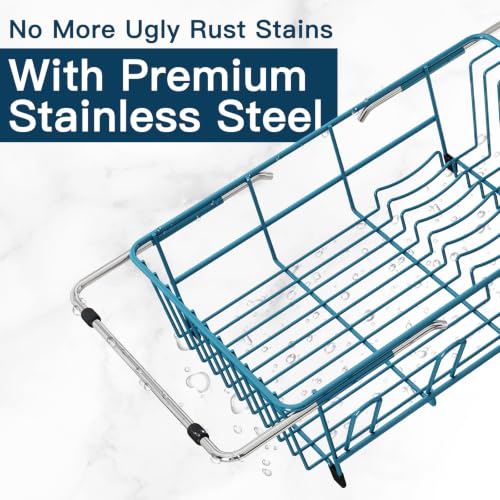 Blue Expandable Dish Drying Rack Over Sink with Anti