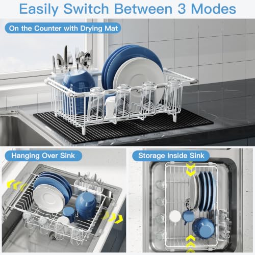 White Dish Drying Rack in Sink with Mat