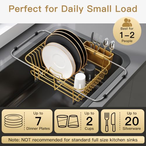 Gold Dish Drying Rack in Sink with Utensil Holder