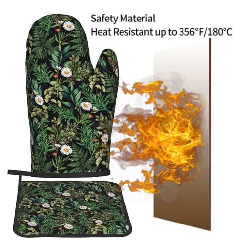 Green Botanical Oven Mitts and Pot Holder Kitchen Accessories Sets Fern Leaves Heat Resistant Baking Cooking Oven Gloves Washable Potholder