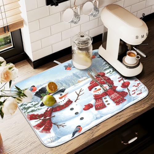 Winter Christmas Snowman Dish Drying Mat for Kitchen Counter Absorbent Microfiber Small Drying Pad Dish Mats Snowflakes for Kitchen Countertops 16 x 18 Inch