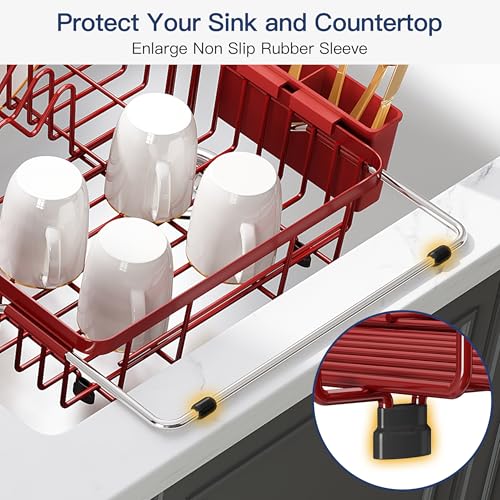 Red Dish Drying Rack Over the Sink with Utensil Holder