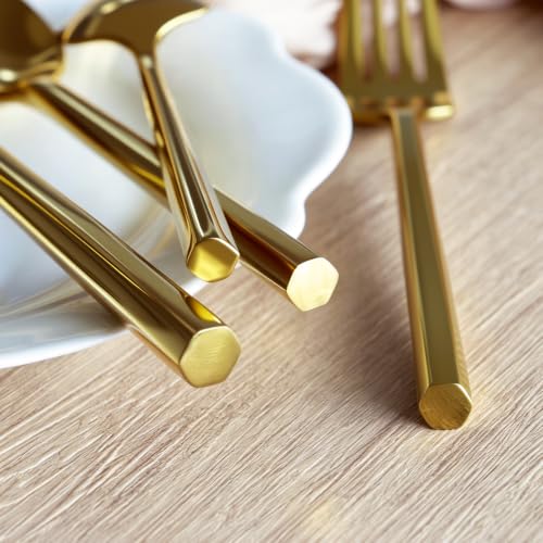 Gold Silverware Set Flatware Set Stainless Steel Cutlery Set 40 Pieces Hexagon Handle Home Kitchen Daily Use Service for 8 (40 Count)