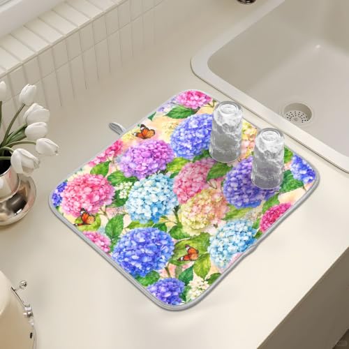 Hydrangea Flowers with Butterfly Dish Drying Mat for Kitchen Counter Absorbent Microfiber Small Drying Pad Dish mats for Kitchen Countertops 16 x 18 Inch